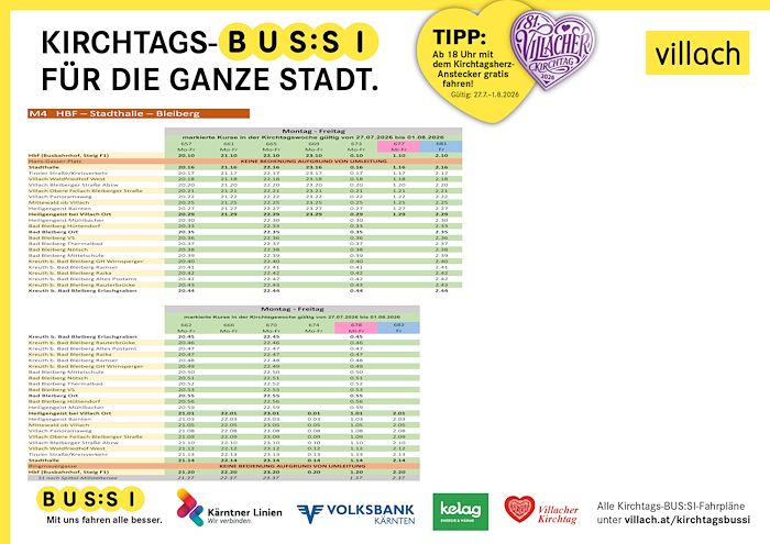 Kirchtags-Bus Fahrpläne für Villach mit Haltestellen und Kurszeiten von 27.07. bis 01.08.2026